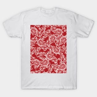 Vintage Bohemian Art Floral Pattern - Red and White T-Shirt